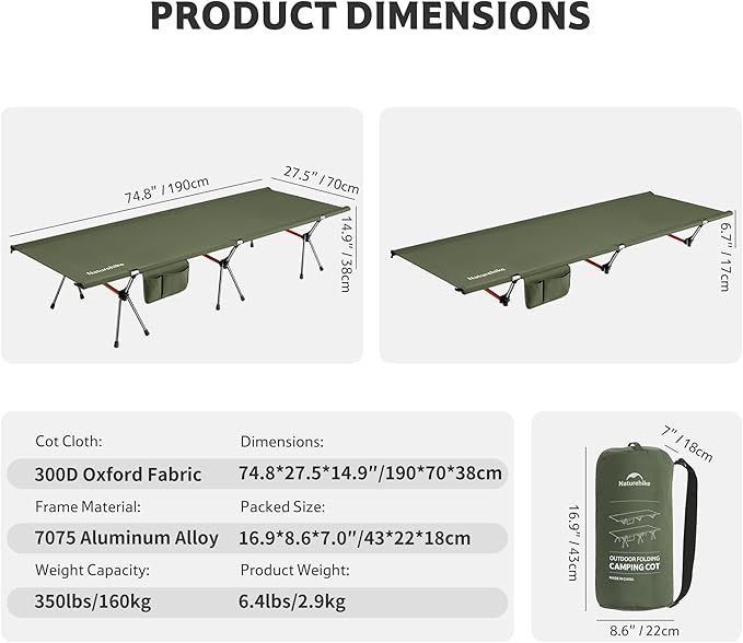 Naturehike ArmyWild Folding Camping Cot Height Adjustable Ultralight Backpacking Cot Portable Camping Bed for Camping Hiking Travel Home