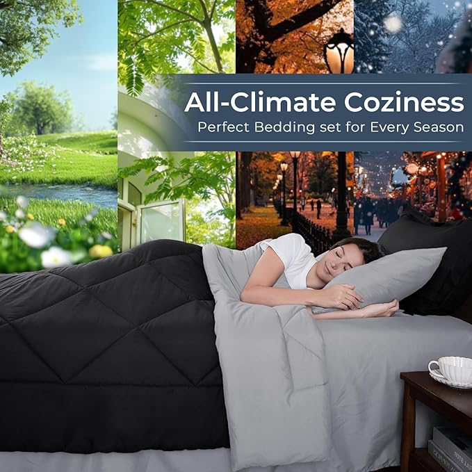 HEVUMYI Oversized Queen Comforter Set - 7-Piece All Season Bed in a Bag Oversized Queen Ultra Soft Bedding Set with Comforter Flat Sheet Fitted Sheet Pillowcases Pillow Shams Black &amp Light G