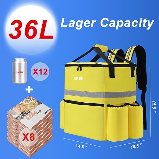 Food Delivery Backpack with 4 Cup Holders - Insulated Pizza Bag for Delivery Bike - Large Leakproof Bags for Hot/Cold Food - Ideal for Uber Eats Doordash Postmates (Yellow)