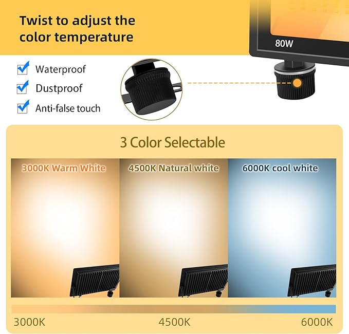 3 Pack 80W LED Flood Lights Outdoor 3CCT 3000/4500/6000K Selectable Floodlight Outside Work Light 9600LM IP66 Waterproof Security Lamps for Yard Garage Garden Workshop