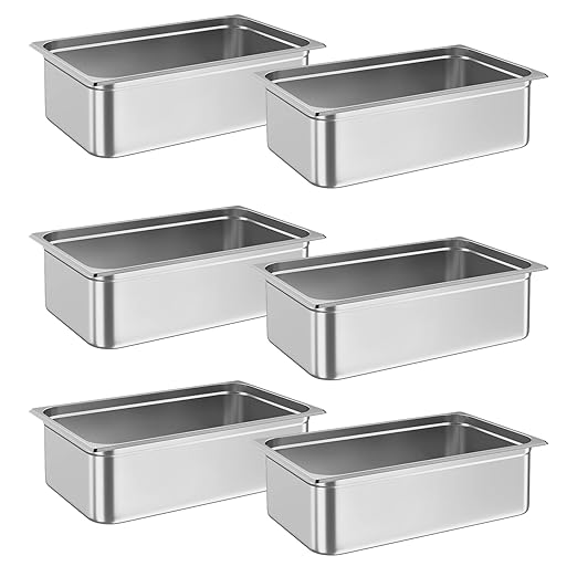 6 Pack Full Size Hotel Pan Steam Table Pan [NSF Certified] Catering Food Pan Commercial Stainless Steel 6 Inch Deep Anti-Jamming