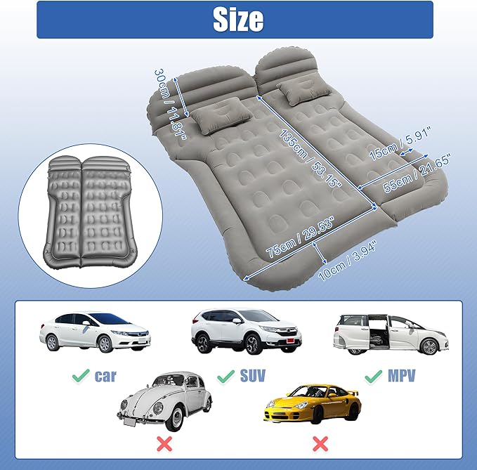 X AUTOHAUX Car SUV Air Mattress Camping Bed Cushion Pillow Flocking Mattress with Electric Air Pump Portable Sleeping Pad Universal Inflatable Thickened for Travel Camping Gray