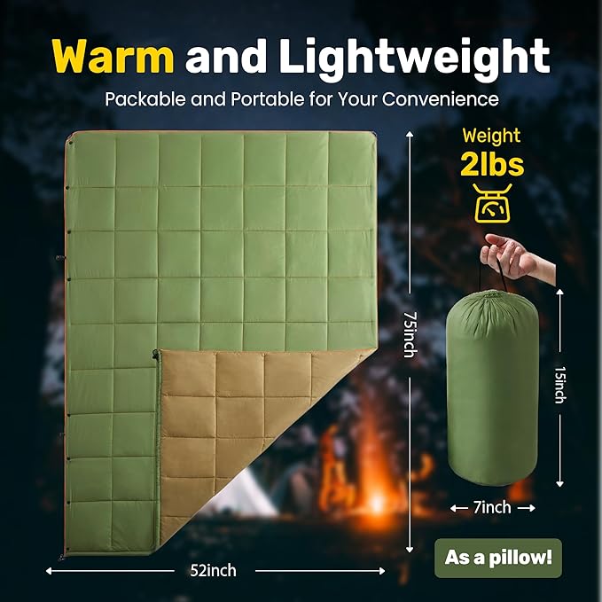 UNIKOME Waterproof Puffy Camping Blanket - Lightweight Packable Outdoor Quilt with Snaps &amp Corner Loops Warm Compact Blanket for Cold Weather Hiking Picnic Stadium Travel 75×52 Army Green&amp