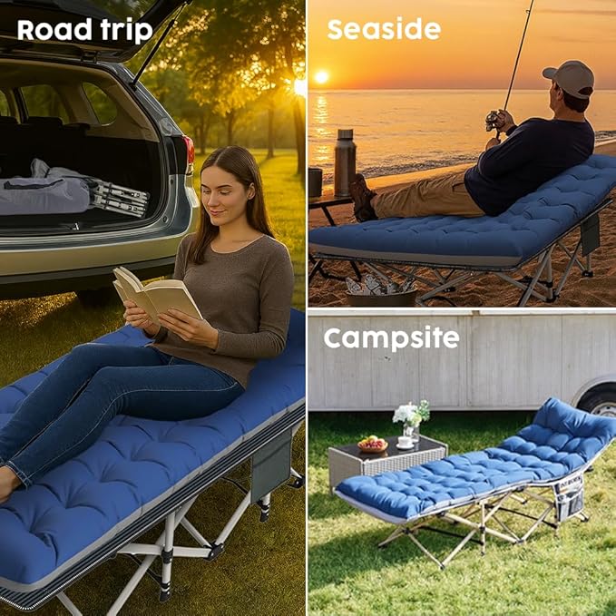 Heavy Duty Camping Cot for Adults with Mattress 10-Leg Portable Folding Cot Bed Extra Stable Sleeping Cot for Camping Travel Tent &amp Indoor Guest Use 500 lbs Capacity (C-Gray&ampbiue)