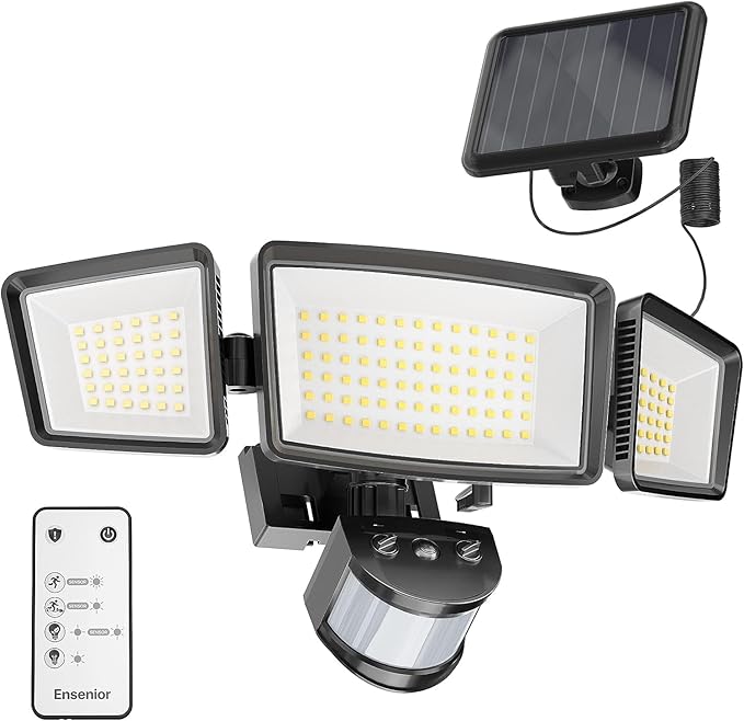 Ensenior 5 Motion Sensor Modes Solar Security Light 1800LM 270° Wide Angle 3 Heads LED Flood Lights IP65 Waterproof Wall Lights Separate Solar Panel Remote Control Solar Lights Outdoor