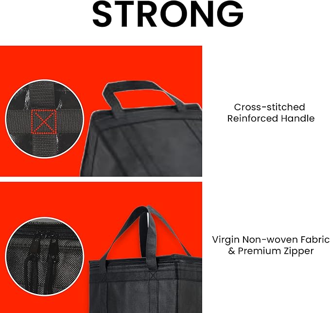 NZ home Insulated Bags for Food Delivery (Medium) Grocery Shopping Cooler Bag Pizza Delivery Hot &amp Cold Catering Tote Reusable Foldable &amp Heavy Duty (2 Pack Black)