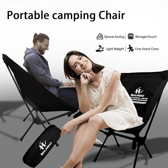 Folding Camping Chair for Adults Heavy Duty 300lbs Capacity Compact Backpacking Hiking Chair – Portable Durable Outdoor Chair with Ergonomic Support (Black)