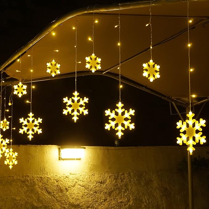 Toodour Christmas Snowflake Lights Outdoor 17.22ft 264 LED Snowflake Icicle Lights with 22 Drops Connectable 8 Modes Waterproof Warm White Christmas Light for Curtain Eaves Window Xmas Decor