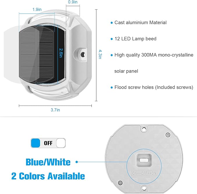 VOLISUN Solar Driveway Lights Dock Deck Lights 4-Pack2 Colors in 1 LED Solar Powered Waterproof Outdoor Warning Step Light for Driveway Sidewalk Pathway (White/Blue)Auto On/Off