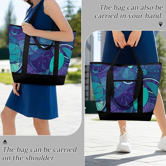 Insulated Shopping BagLarge Reusable Cooler Bags Blue Teal Lemon Printed Foldable Shopping BagTravel Waterproof Shoulder Bag