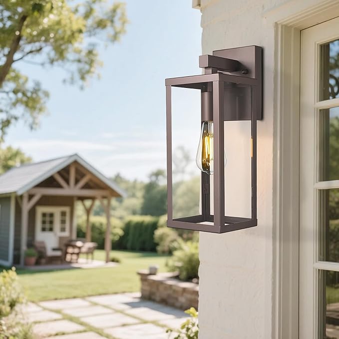 Outdoor Wall Light with Clear Glass Anti-Rust Exterior Wall Sconce Weather Resistant Outdoor Lantern Exterior Lighting for Porch Patio Garage Entryway (Oil-Rubbed Bronze 15.5Height-2 Pack)