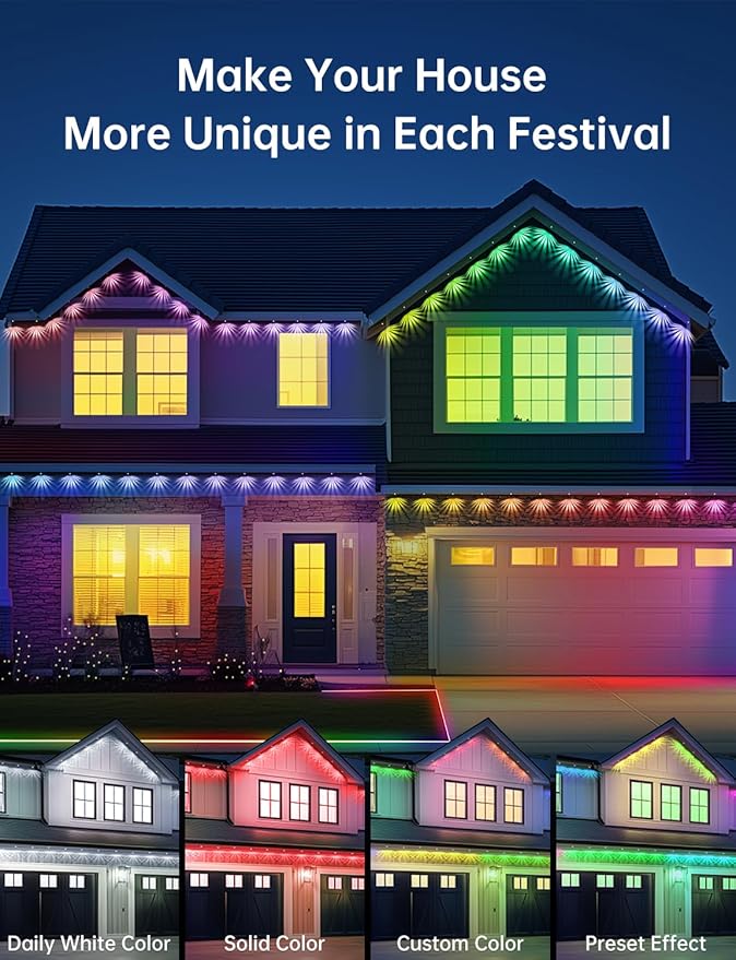 Permanent Outdoor Lights for House RGB+IC Christmas Eave Lights 120ft with 88 LED Warm White IP68 Waterproof Smart Starry Outside Light with App/Remote for Holiday Halloween Daily Lighting(Black)