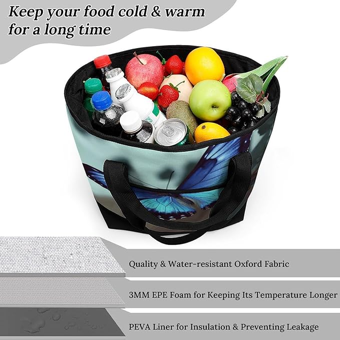 Insulated Shopping BagLarge Reusable Cooler Bags Blue Butterfly Printed Foldable Shopping BagTravel Waterproof Shoulder Bag