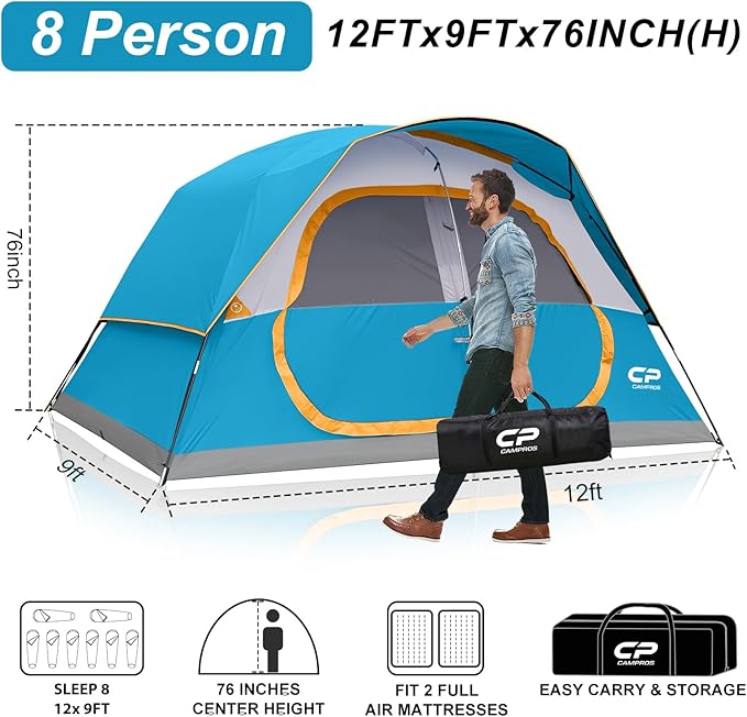 CAMPROS CP Upgraded 6/8 Person Camping Tents Waterproof Windproof Family Tent with Larger Mesh Windows &amp Door Double Layer Easy Set Up All-Season Dome Tent with Top Rainfly &amp Carry Bag