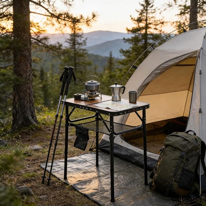 Mini Folding Camping Table - 2ft Lightweight Adjustable Height with Carry Handle Anti-Stain Desktop for Outdoor Glamping/Picnic/Patio &amp Indoor Decor (24 L×16 W)
