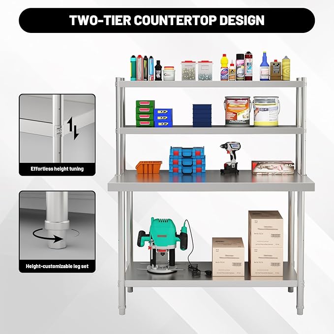 2-Tier Stainless Steel Commercial Work Table 47.2 W x 23.6 D x 31.5 H with Overshelf Heavy Duty Kitchen Prep Table for Restaurant Home Kitchen Garage Warehouse