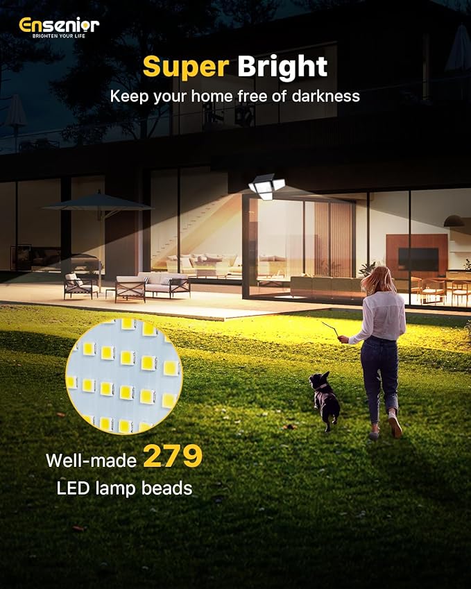 Ensenior Solar Lights Outdoor 2600LM Motion Sensor Outdoor Light with Remote Control IP65 Waterproof 279 LED 4 Heads Solar Security Light with 4 Mode 270° Wide Angle Solar Flood Light 2 Packs