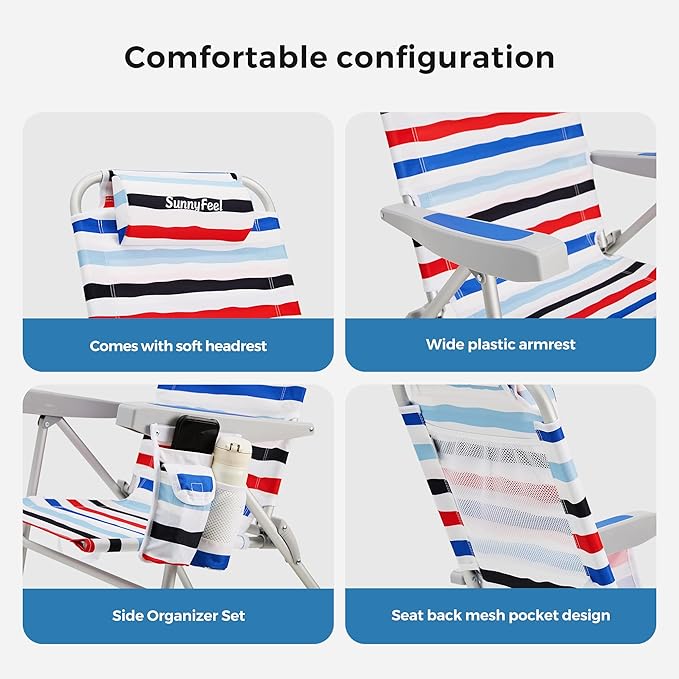 SUNNYFEEL Portable Beach Chair High Back Folding Beach Chair Lightweight Camp Chair with Reclining Position Backpack Lounger for Beach Camping Lawn Outdoor Red Blue White Striped