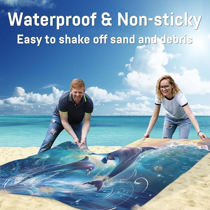 Ocean Dolphins Beach Blanket Waterproof Sandproof Sea Dolphins Extra Large Beach Mat Sand Free Quick Drying Lightweight Durable Outdoor Picnic Blanket for Travel Camping Hiking