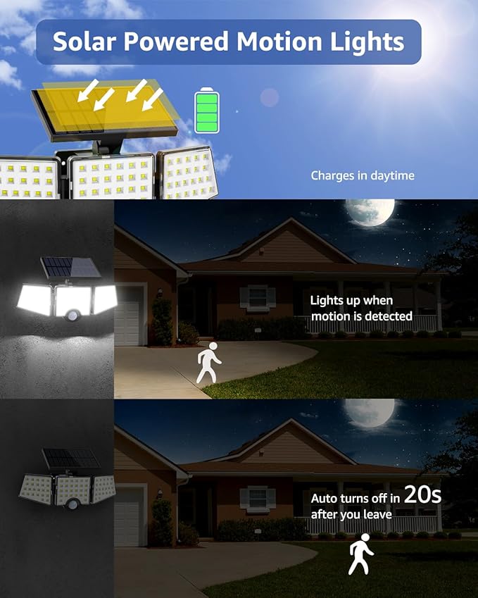 LE Solar Lights for Outside Solar Lights Outdoor with Motion Sensor WL4000 High Brightness 3 Adjustable Heads 270° Wide Lighting Angle IP65 Waterproof Wireless Wall Lamp for Yard Garage 2 Packs