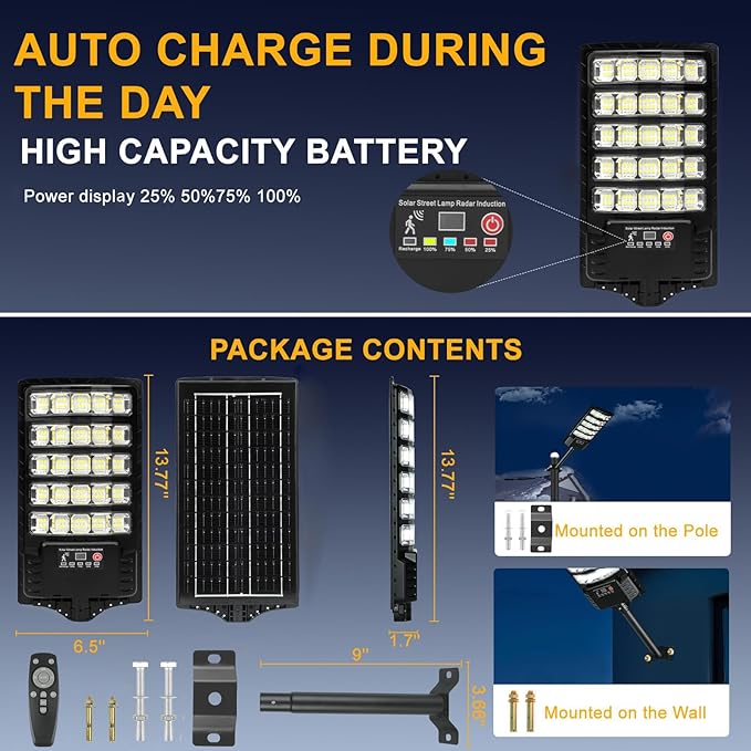 4-Pack Solar Street Lights 30000lm Outdoor Flood Light with Dual Motion Sensors Dusk to Dawn IP66 Waterproof Solar Powered Parking Lot Light with Remote Control 6500k Dimmable Security Lamp