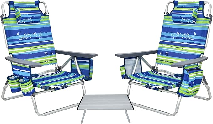 GYMAX Beach Chairs Backpack Camping Chair with Armrest Cooler Bag Cup Holder Towel Bar &amp Side Pockets Sunbath Sling Tanning Lounge Folding Layout Chair (with Table Blue Stripe)