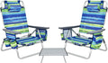 GYMAX Beach Chairs Backpack Camping Chair with Armrest Cooler Bag Cup Holder Towel Bar &amp Side Pockets Sunbath Sling Tanning Lounge Folding Layout Chair (with Table Blue Stripe)