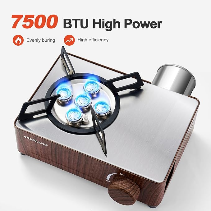 Odoland 7500BTU Camping Butane Stove with Compact Carry Case CSA Certified Portable Gas Stove for BackpackingPicnicOutdoor AdventuresBrown