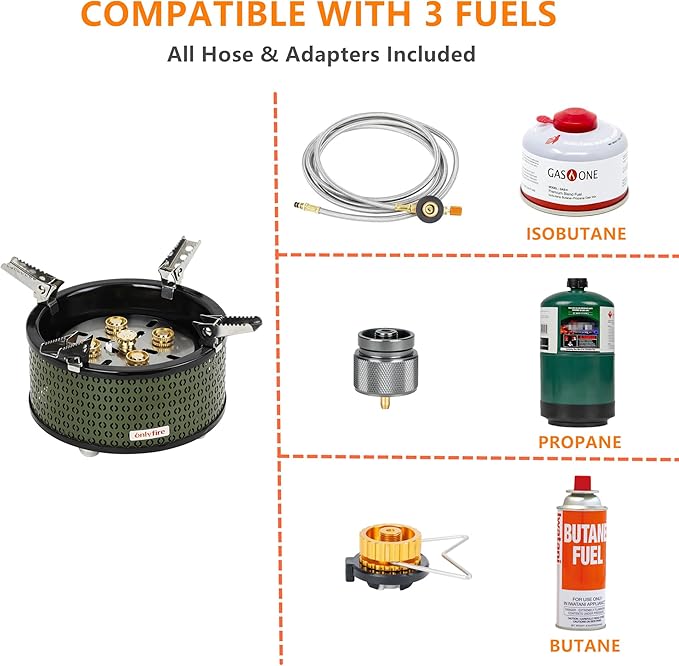 ONLYFIRE OUTDOOR LIVING Portable Camping Gas Stove with Storage Bag &amp Gas Adapters 5 Burners Propane Stove for Outdoor Patio Cooking Picnic Camping Hiking Tailgating Emergency Use Green GS344