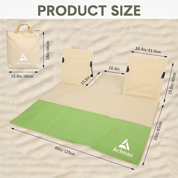 Beach Mat Lounge Chair 2-Person Foldable Lightweight Lounge Mat with Back Support600D Oxford 49x49 Widen Beach Seat Storage Bag for Holidays Garden Camping Swimmingpool (Khaki &amp Green)