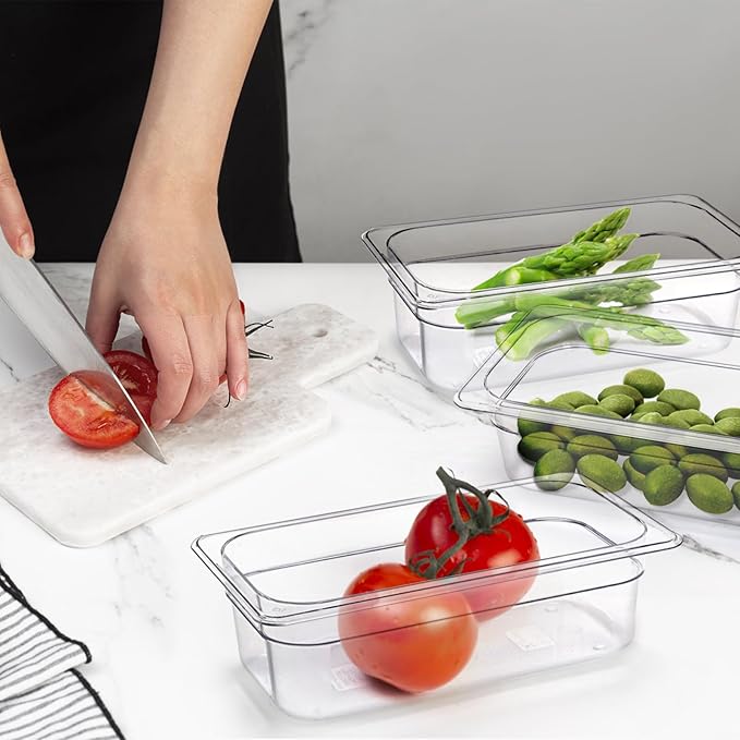 Bekith 6 Pack Plastic Clear Food Pans with Lids 1/3 Size 4 Inch Deep Stackable Commercial Polycarbonate Pans for Kitchen Restaurant Food Prep Freezer-Safe