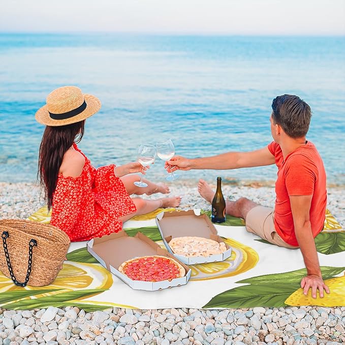 Waterproof Sandproof Beach Blanket 59''×68'' Lemon Polyester Outdoor Picnic Blanket with 4 Stakes &amp Storage Bag for BeachCampingVacation White Background