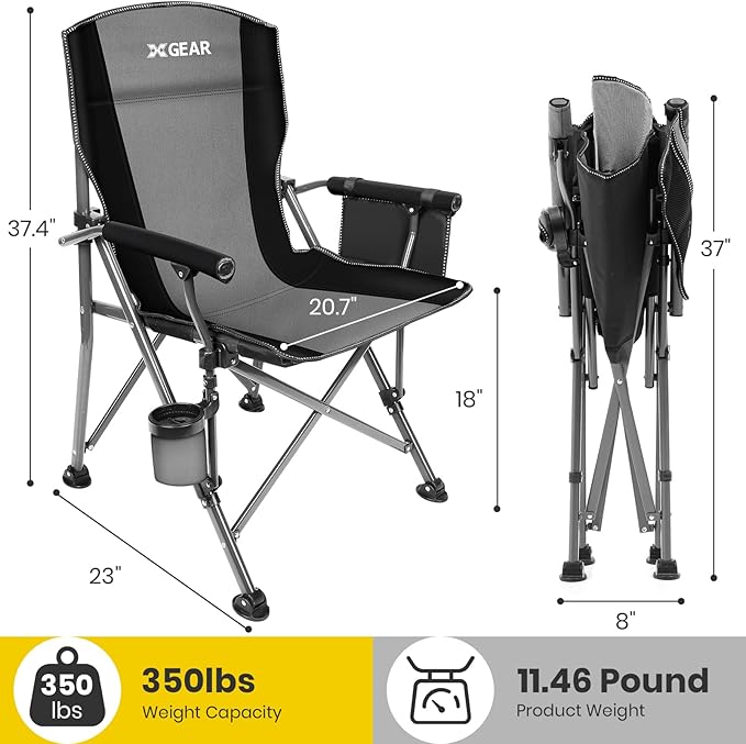 XGEAR Camping Chair with Padded Hard Armrest Sturdy Folding Camp Chair with Cup Holder Storage Pockets Carry Bag Included Support to 400 lbs