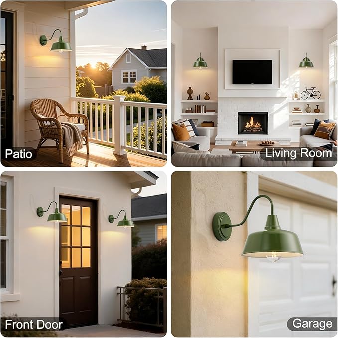 10-Inch Olive Green Gooseneck Barn Lights (2-Pack) - Rustic Outdoor Wall Sconces for Farmhouse Porch &amp Garage Weather-Resistant Metal Exterior Light Fixture with Dome Shade