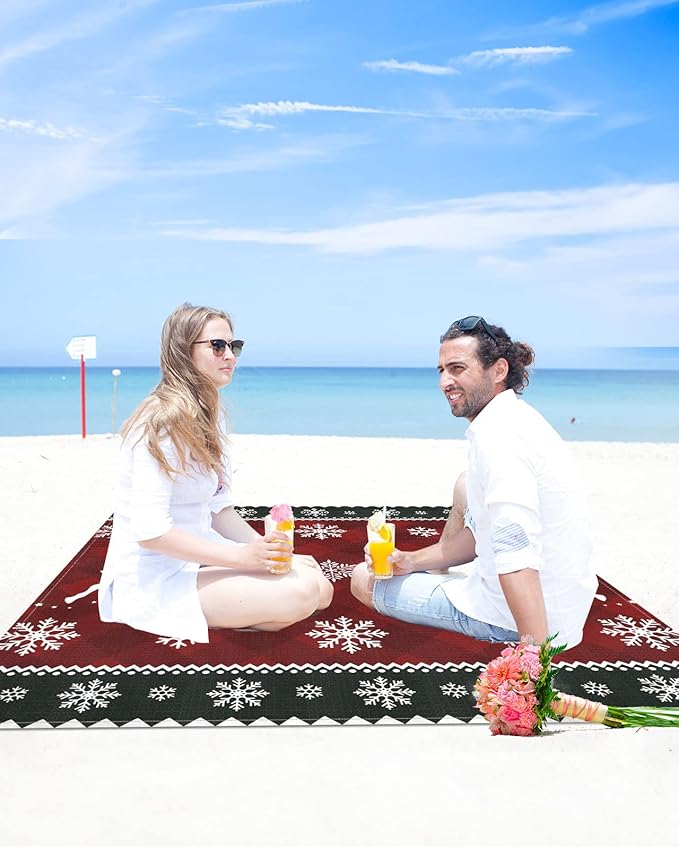 Beach Blanket Waterproof Sandproof OversizedChristmas Animal Elk Red Buffalo Plaid Beach Mat with Corner Stakes Sand PocketsWinter Snowflake White Shadow Outdoor Picnic Mat for Travel 83x79In