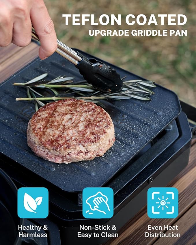 Gonex 2 Burner Propane Camping Stove with Griddle &amp Grates Portable Foldable Cooking Stove with Total 16000 BTU Two Piezo Ignition Adjustable Burners for Camping Patio Emergency Hiking (Blac