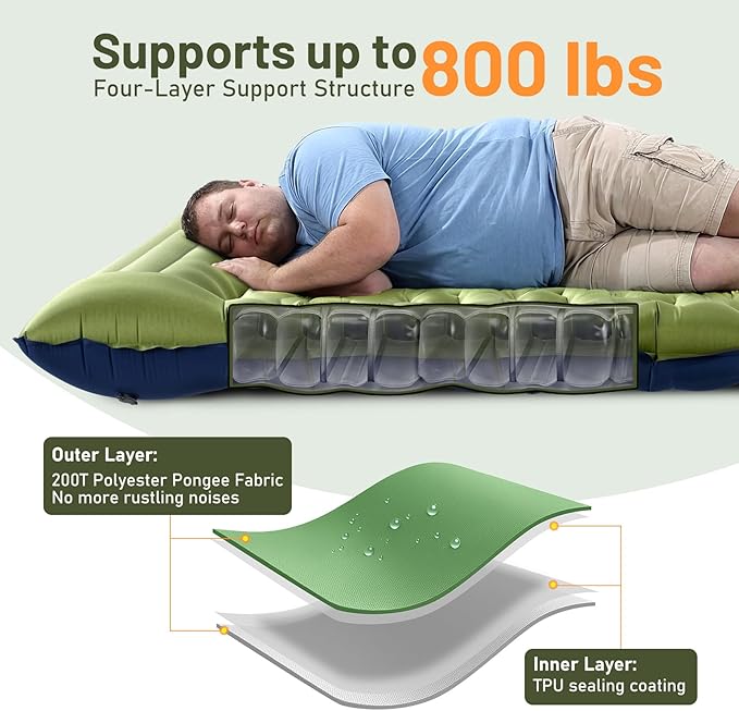 KASBAH Double Inflatable Camping Sleeping PadThick 6 inch 2 Person Ultralight Sleeping Mat with Built-in Foot Pump and PillowCamping Essentials for HikingBackpackingTraveling Tent