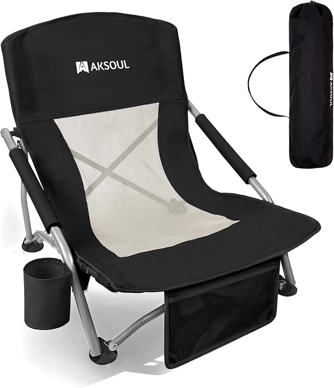 AKSOUL Folding Beach Chair for Adults: Low/High Back Chairs with Carry Bag - Extra Wide Seat Chair with Comfortable Pillow &amp Storage Pocket (1 Pack &amp 2 Pack Blue)