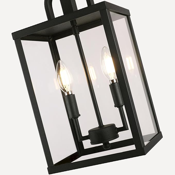 Large Outdoor Indoor Pendant Light 2-Light Modern Black Metal Outside Chandelier Exterior Hanging Fixture Ceiling Mount with Clear Glass Shade for Front Porch Entrance Foyer Entryway (Bulb Included)