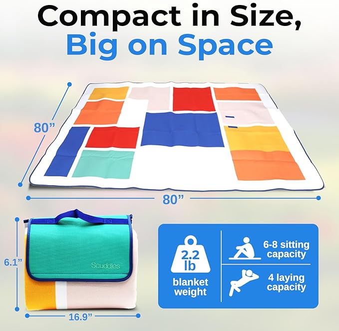 scuddles Extra Large Picnic Blanket – 80 x 80 Waterproof Outdoor Mat with Soft 3-Layer Comfort Foldable Design &amp Carry Strap for Beach Camping Parks Hiking &amp Family Picnics
