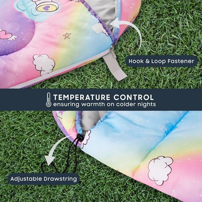 Wake In Cloud - Kids Sleeping Bag for Girls Toddlers Camping in Warm Cold Weather Backpacking Lightweight Compact Outdoor Liner for 3 Seasons Unicorns Rainbow Hearts