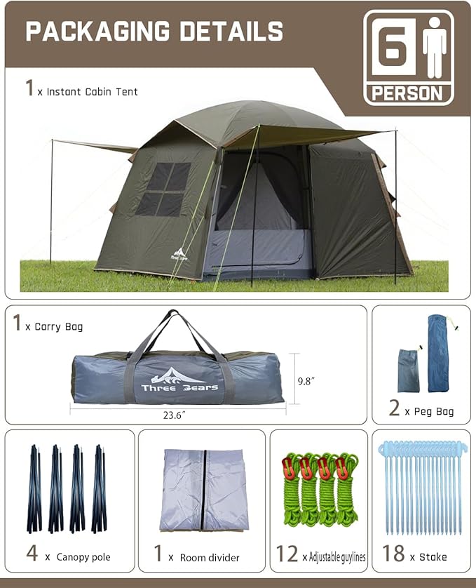 Three Bears 6-Person Tent 3000mm Waterproof Double-Layer Tent with Room Dividers Family Tent with Color-Coded Connection Buckles Front and Rear Vestibules Can Be Set Up as Sunshade Canopies
