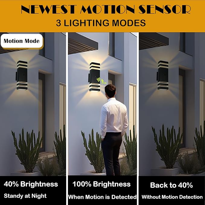 Dusk to Dawn Motion Sensor Porch Light with 3 Lighting Modes Waterproof Up Down Wall Sconce with Adjustable Bulbs Aluminum Exterior Light Fixtures for Entryway Patio GarageETL Listed