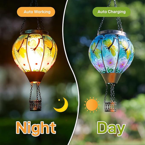 2 Pack Dragonfly Hot Air Balloon Solar Lantern Outdoor Waterproof Glass Balloon Lanterns for Outside Decorative Hanging Solar Lights Patio Garden Yard Gift for Women Moms