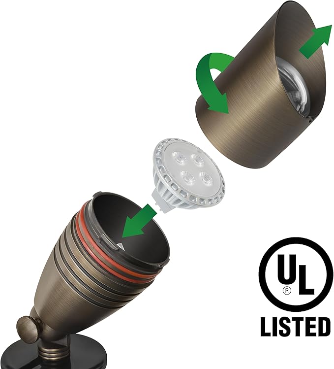 GKOLED UL Listed Solid Brass Landscape Spotlight Low Voltage Outdoor Directional Uplight with 5W MR16 LED Bulb &amp Large Rugged Slot Spike 12V AC/DC Garden Patio Spot Up Light (Pack of 3)