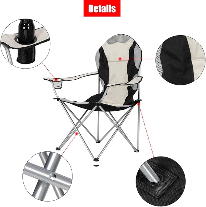 Medium Camping Folding ChairHeavy Duty Support 330 LBS Iron Tube Collapsible Arm Chair with Cup Holder Portable for OutdoorBlack&amp Gray