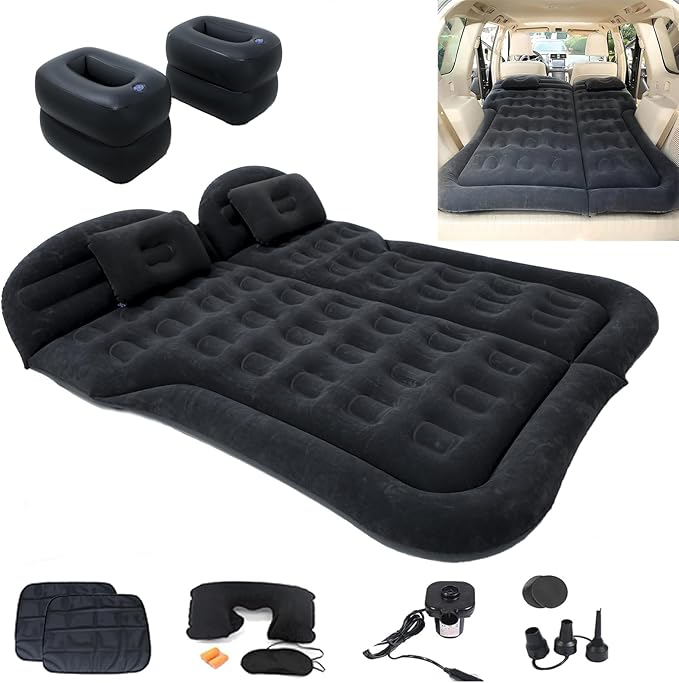 Inflatable SUV Air MattressThickened Flocking Car Travel Camping Bed with 2 Pillows &amp Air PumpPortable Car Sleeping Mattress for SUV Trunk and Rear