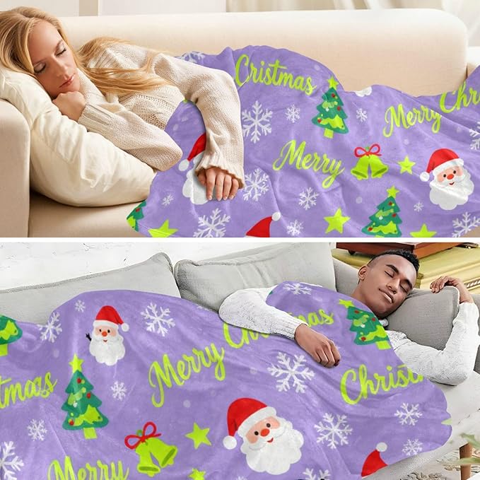 Merry Christmas Snow Flake Santa Lavender Lightweight Fuzzy Comfy Throw Blankets for Couch Comfy Throw Blankets for Party Sofa Bed Living Room 50x70 Inches