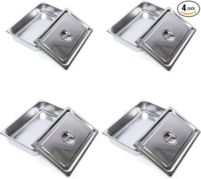 4 Pcs Anti-Jamming Steam Pan with Lids Full-Size x 4-Inch Deep Stainless Steel Steam Table Pan Hotel Pans with Covers Buffet Servers Pan Food Tray Warmer Catering-21.06 * 12.8 * 3.94in