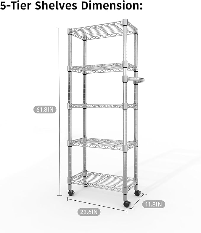61-Inch Metal Storage Rack with Wheels 5-Tier Adjustable Wire Mesh Rack with Side Handles 24-Inch Wide Heavy-Duty Rolling Shelving Unit Easy to Assemble for Kitchens and Home Garages Silver